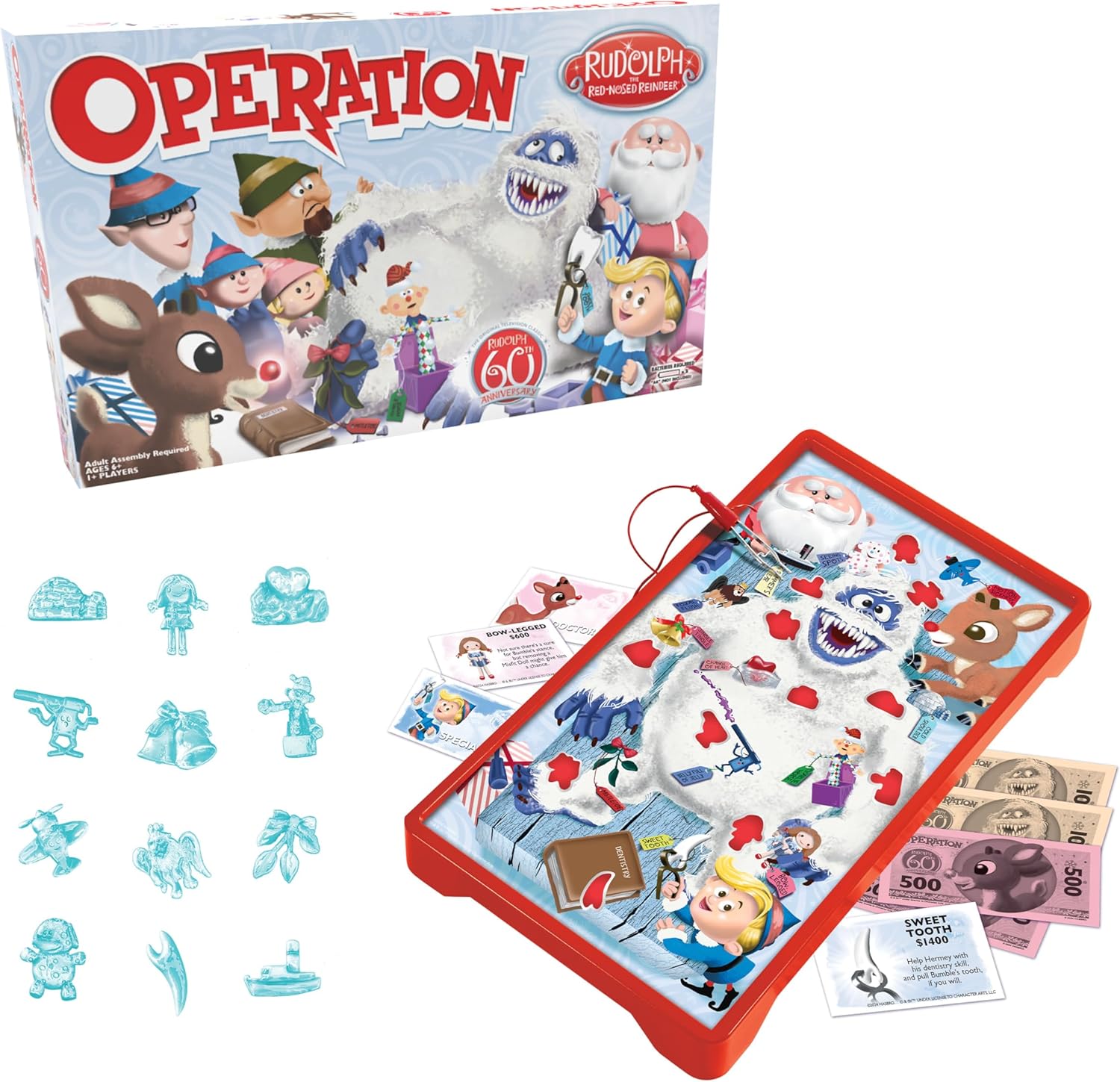 Operation: Rudolph The Red Nosed Reindeer 60th Anniversary Board Game, Classic Electronic Remove The Objects or Get The Buzzer Game, Featuring Bumble The Abominable Snow Monster, Ages 6+, Players 1+