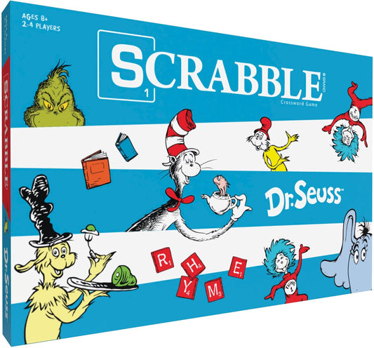 Scrabble Dr. Seuss Board Game | Official Scrabble Game with a Rhyming Twist | Custom Dr. Seuss Cards and Themed Scrabble Board | Bonus Points | Play Traditional Rules Plus New Features