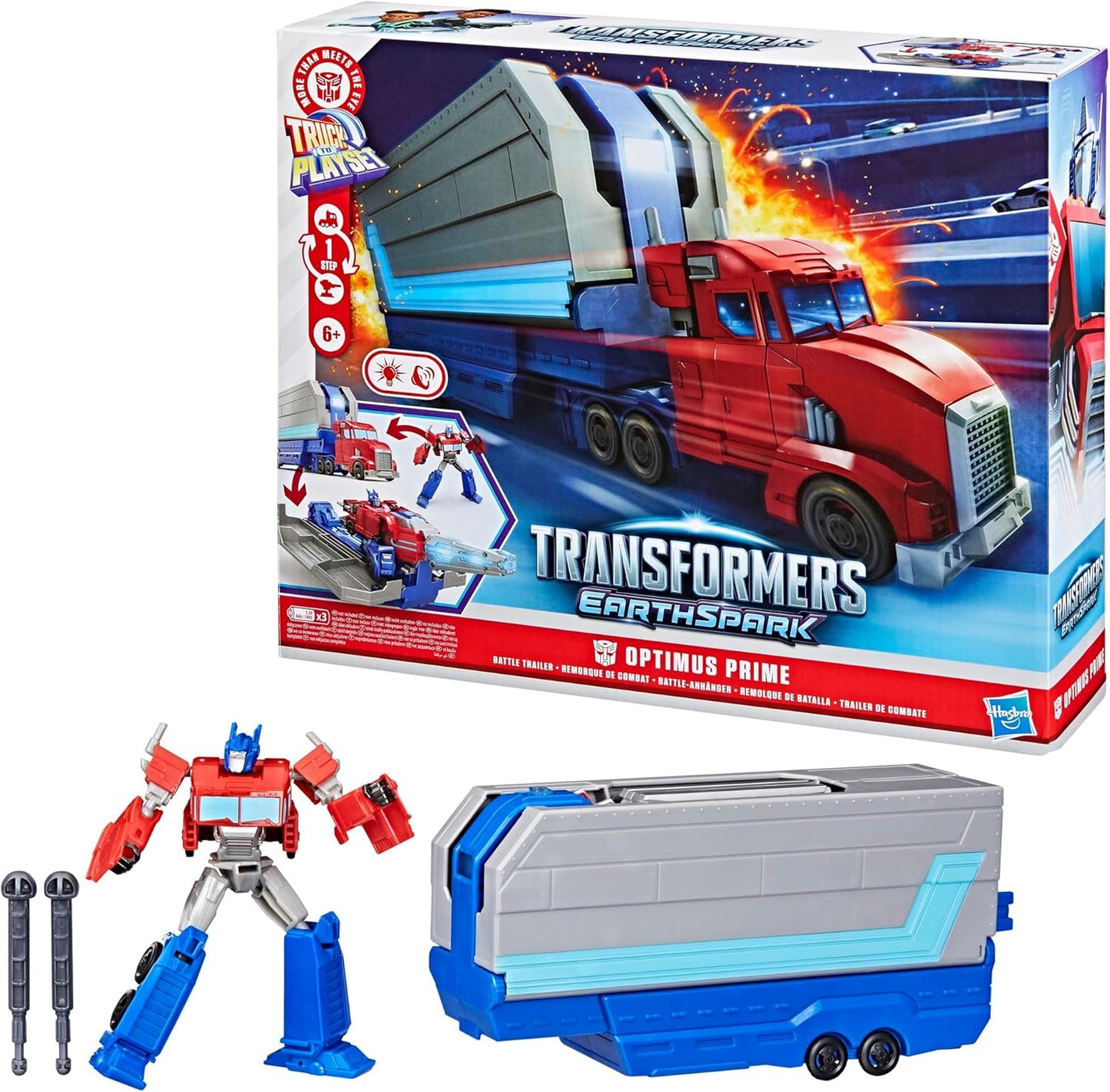 TRANSFORMERS EarthSpark Optimus Prime Battle Trailer Playset with Action Figure, Lights and Sounds, Electronic Truck Toys for Kids 6 and Up