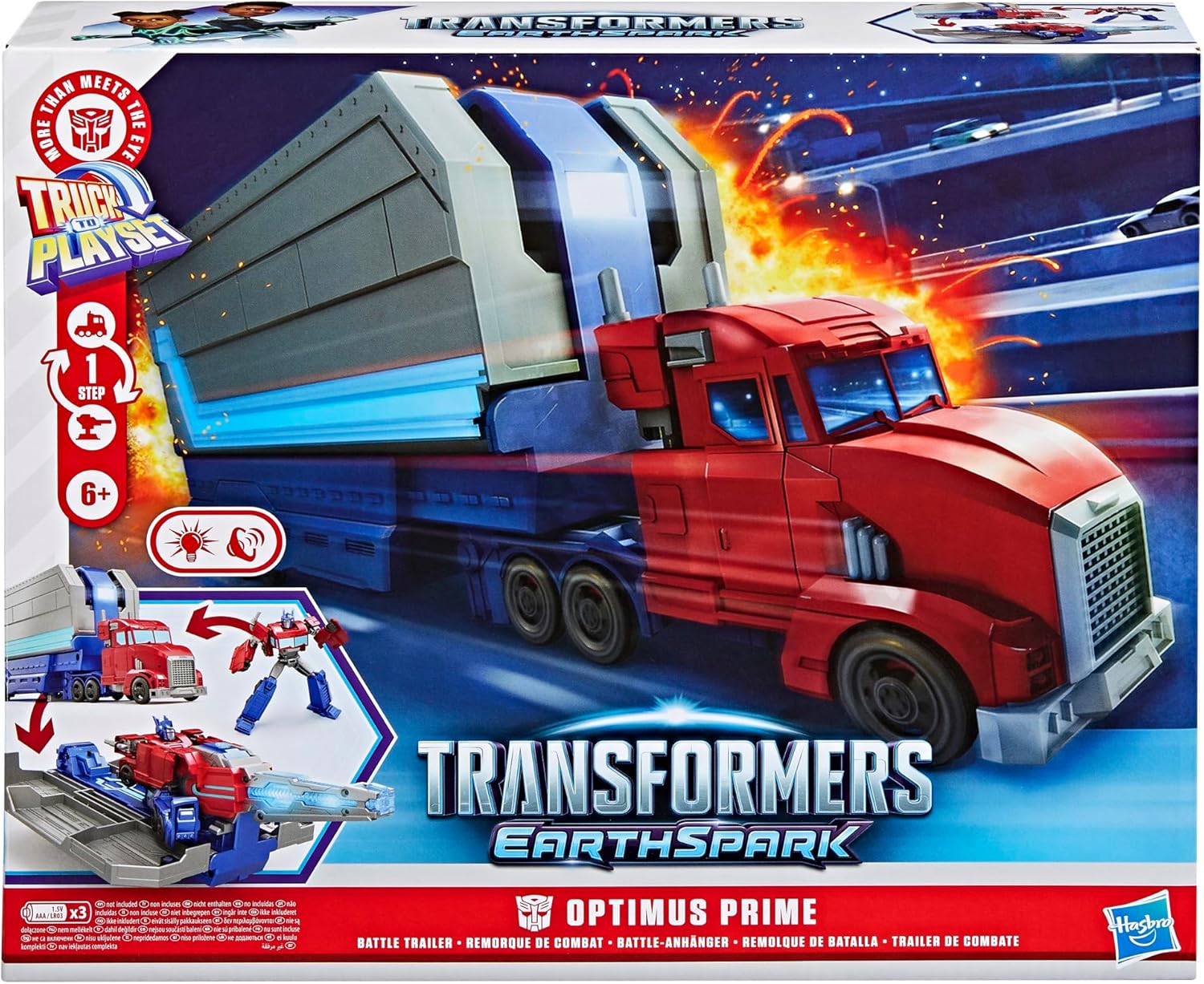 TRANSFORMERS EarthSpark Optimus Prime Battle Trailer Playset with Action Figure, Lights and Sounds, Electronic Truck Toys for Kids 6 and Up