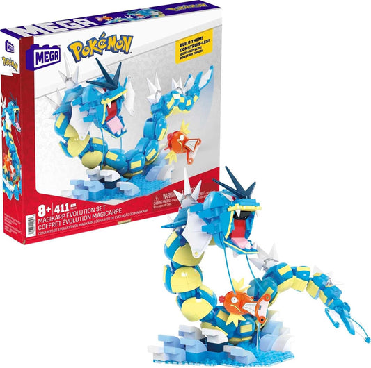 MEGA Pokémon Action Figure Building Toys Set for Kids, Magikarp Evolution Set with 411 Pieces, Buildable and Poseable Gyarados, 20 inches