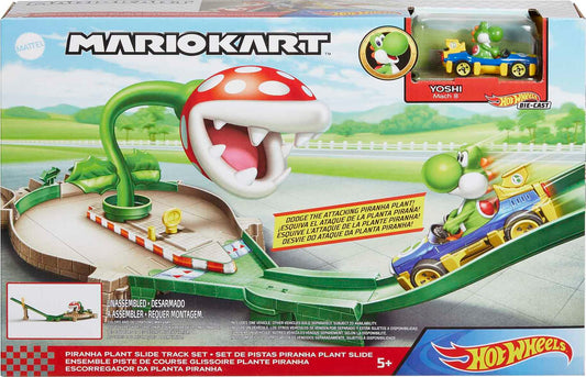 Hot Wheels Mario Kart Piranha Plant Track Set with 1:64 Scale Yoshi Toy Kart & Gravity Launcher