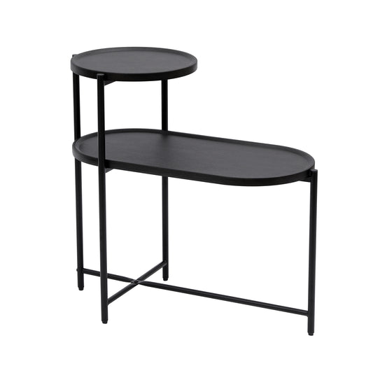 Modern Black Round Coffee Table with Storage Tray 2-Tier Oval End Tables Wooden Side Table for Living Room