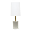 Gray Cement Base Table Lamp with Antique Brass Details, White Fabric Shade