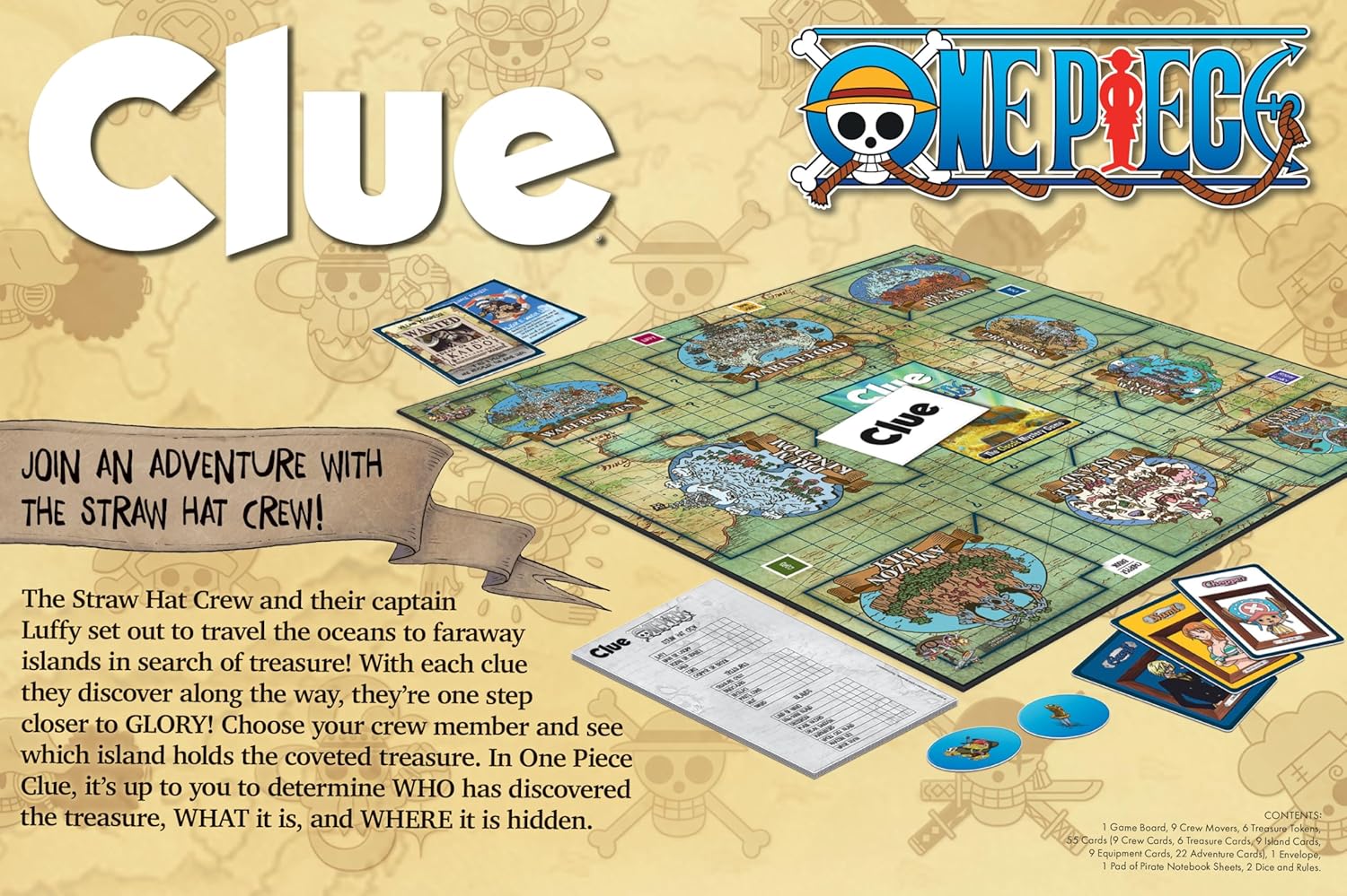 CLUE: One Piece Board Game, Find Hidden Pirate Treasure with Luffy and The Straw Hat Crew, Explore Iconic Locations Like Dressrosa, Drum Kingdom & Water Seven, Official Toei Animation Game, Ages 8+