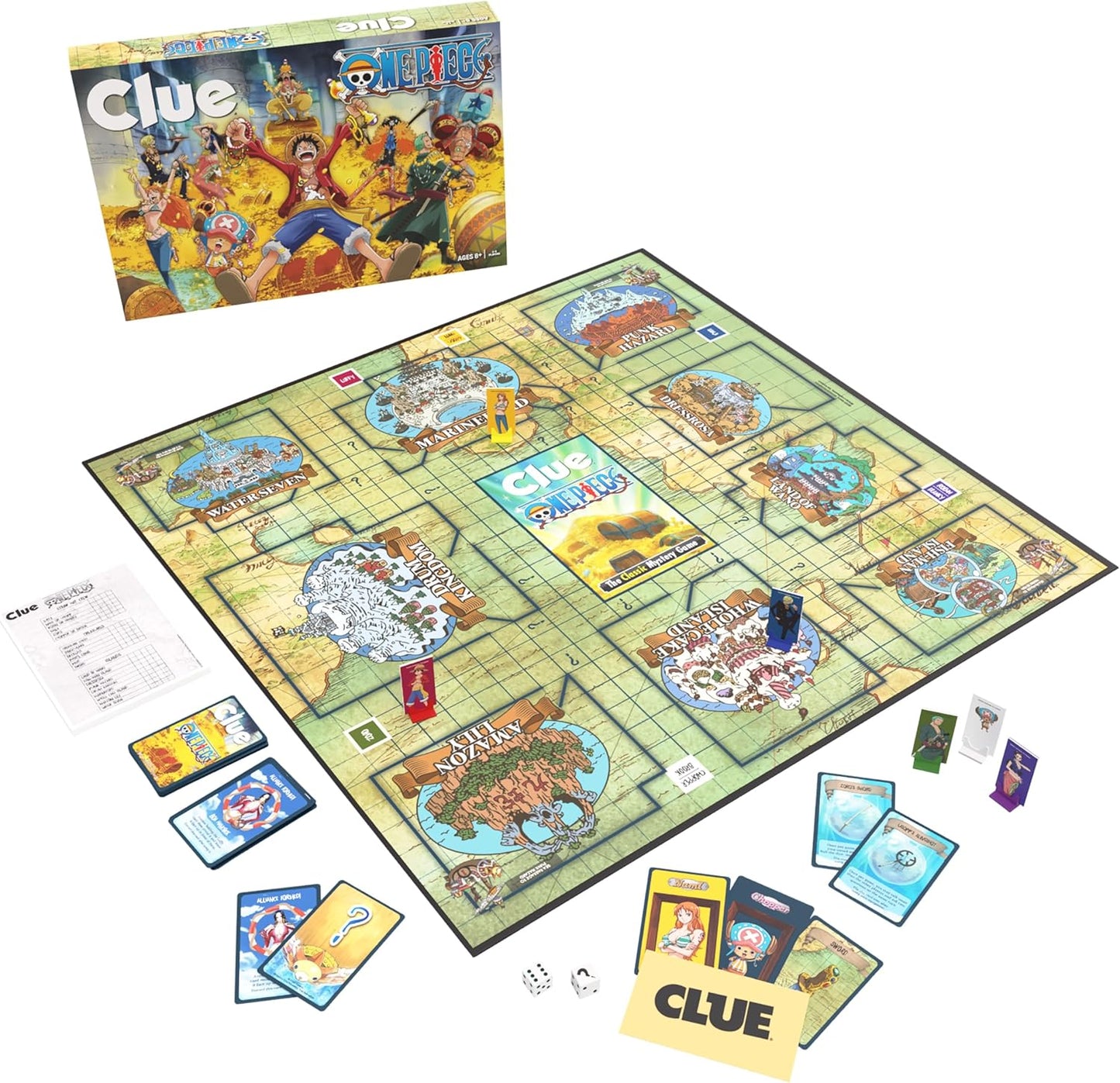 CLUE: One Piece Board Game, Find Hidden Pirate Treasure with Luffy and The Straw Hat Crew, Explore Iconic Locations Like Dressrosa, Drum Kingdom & Water Seven, Official Toei Animation Game, Ages 8+