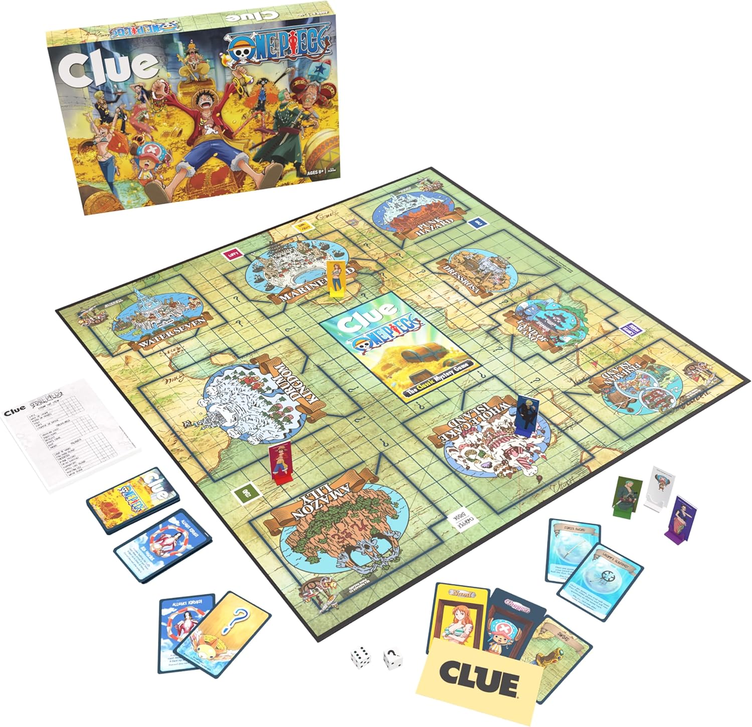 CLUE: One Piece Board Game, Find Hidden Pirate Treasure with Luffy and The Straw Hat Crew, Explore Iconic Locations Like Dressrosa, Drum Kingdom & Water Seven, Official Toei Animation Game, Ages 8+