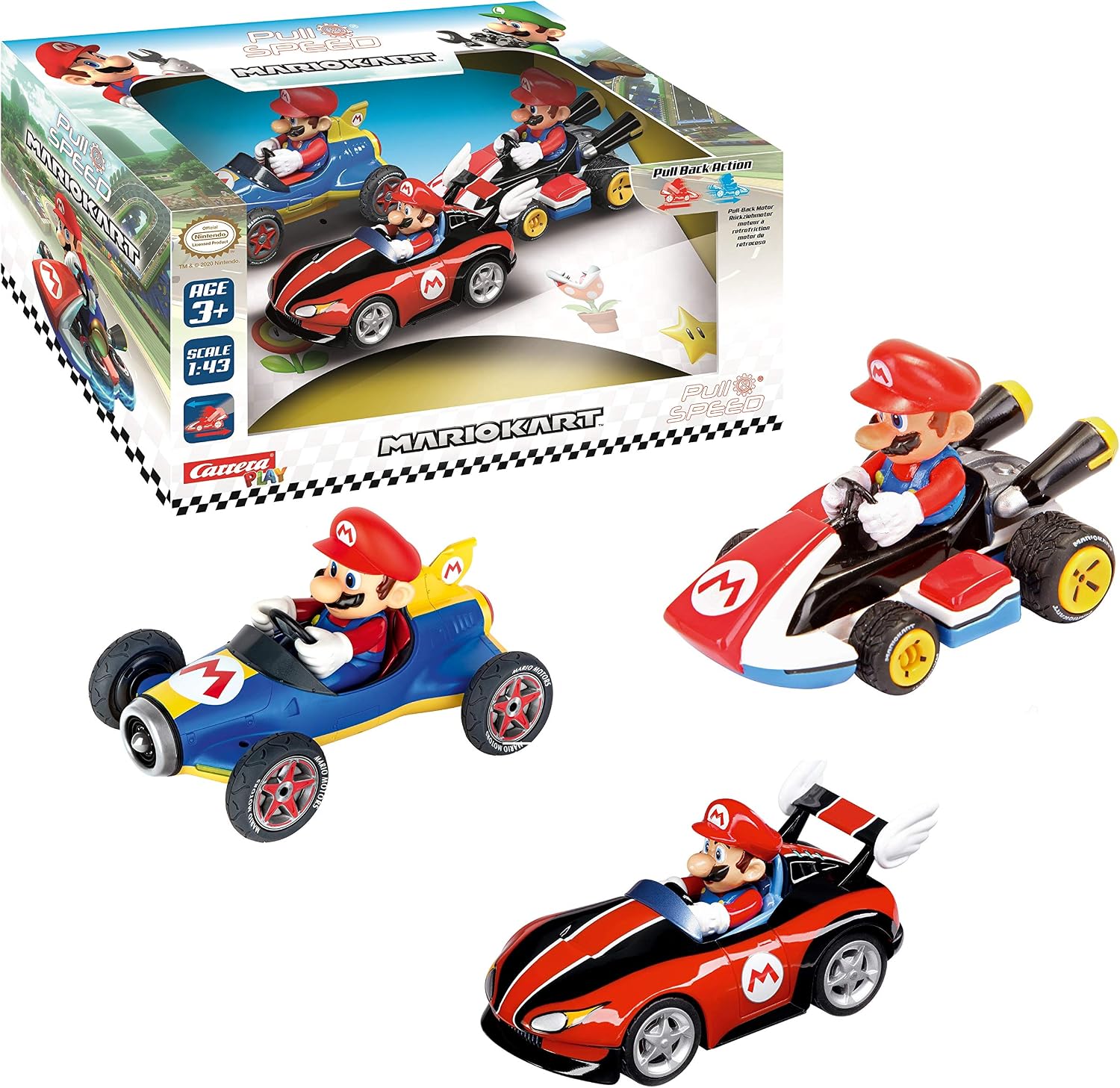 Carrera Pull & Speed Set of 3 Mario Kart Pull Back Toy Car Vehicle Playset Fashions for Home