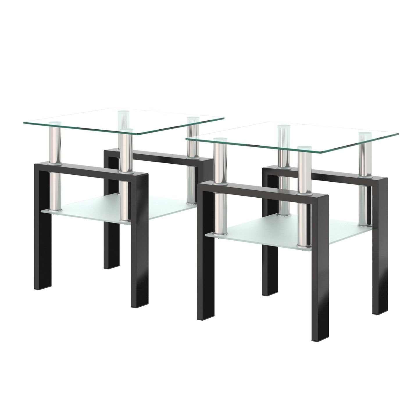 Modern Tempered Glass Tea Coffee End Table Set of 2, Transparent/Black, Metal Legs, Square Design