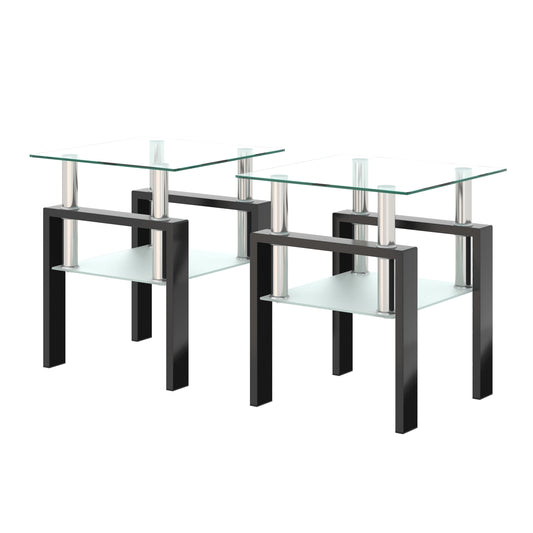 Modern Tempered Glass Tea Coffee End Table Set of 2, Transparent/Black, Metal Legs, Square Design