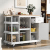 Multipurpose Kitchen Cart Cabinet with Side Storage Shelves,Rubber Wood Top, Adjustable Storage Shelves, 5 Wheels, Kitchen Storage Island with Wine Rack for Dining Room, Home,Bar,White