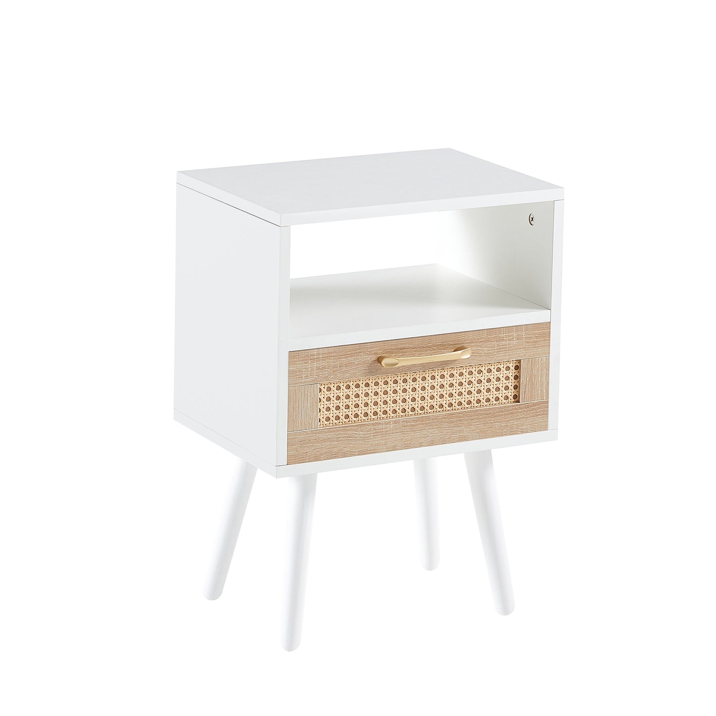 Modern Rattan End Table with Drawer and Solid Wood Legs, White, 15.75' - Fashions for Home
