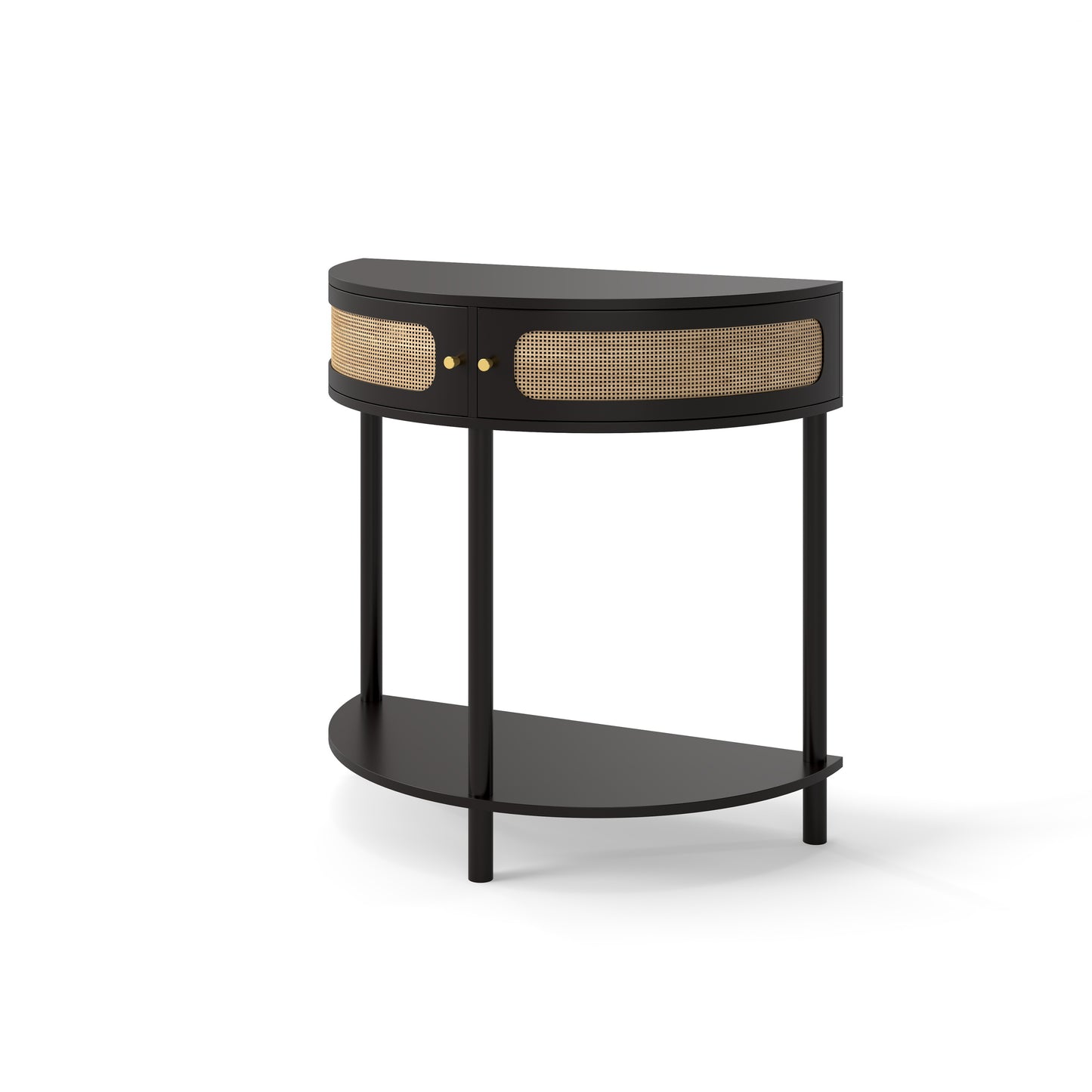 Boho Rattan Semi Circle End Table with Sliding Door, Elegant Black Wood Accent Table with Storage and Bottom Shelf - Fashions for Home