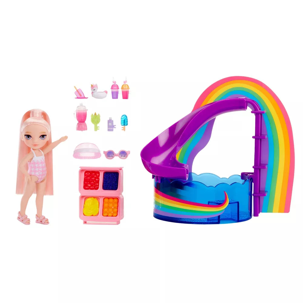 Rainbow High Littles Pool Day Playset + Small Doll (Pink 5.5”), Pool with Rainbow Slide,Kids Gift Ages 4+