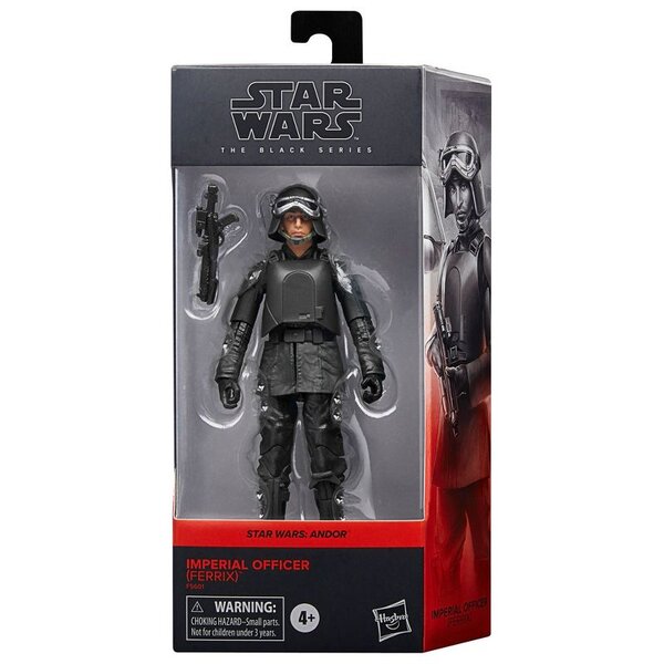 Star Wars The Black Series Imperial Officer (Ferrix) action figure in detailed uniform with blaster and poseable limbs.