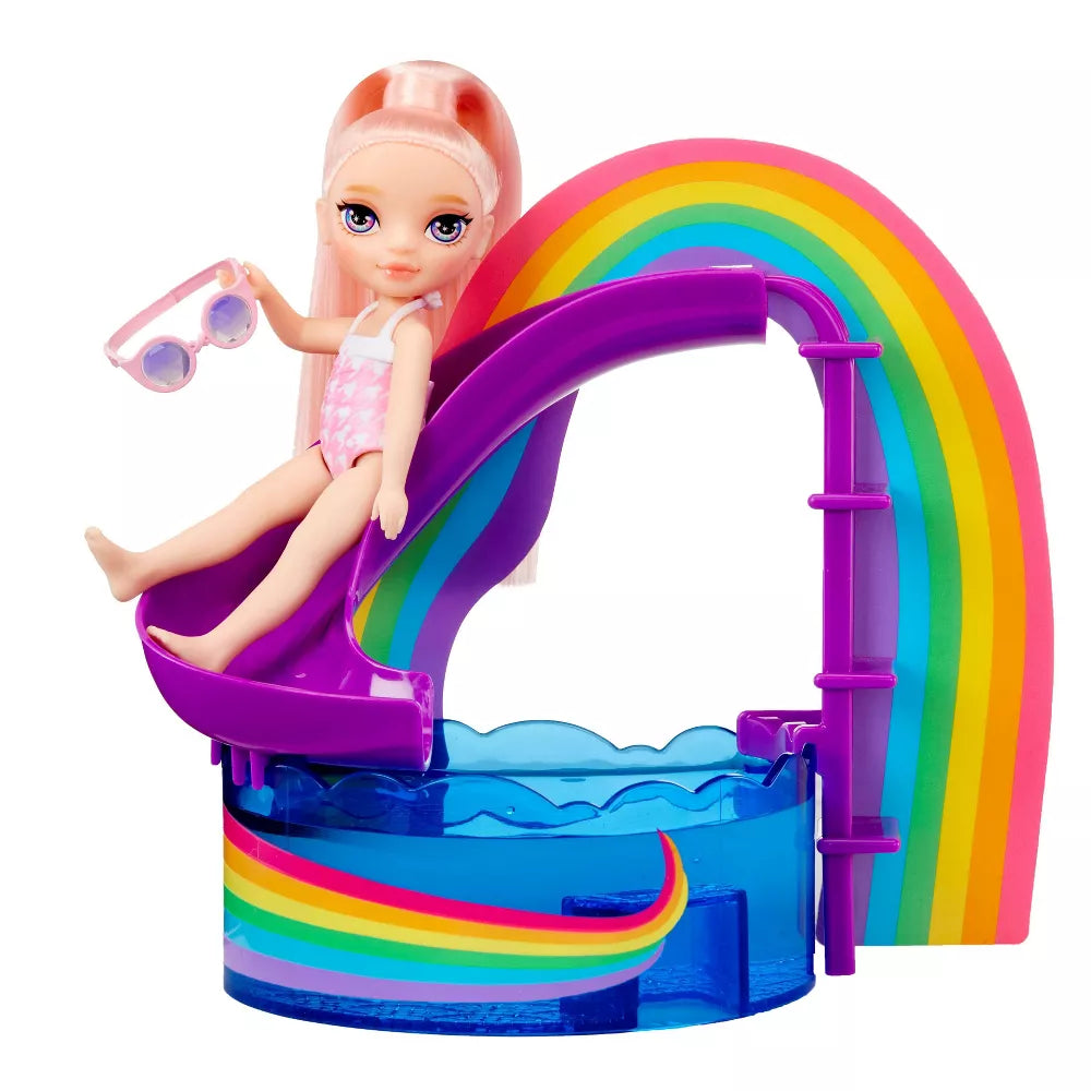Rainbow High Littles Pool Day Playset + Small Doll (Pink 5.5”), Pool with Rainbow Slide,Kids Gift Ages 4+