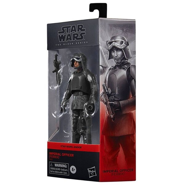 Star Wars The Black Series Imperial Officer (Ferrix) action figure in detailed uniform with blaster, posed for display.