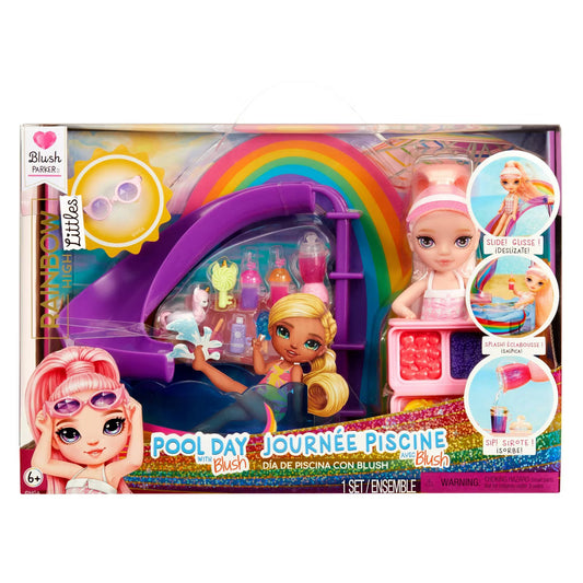 Rainbow High Littles Pool Day Playset + Small Doll (Pink 5.5”), Pool with Rainbow Slide,Kids Gift Ages 4+