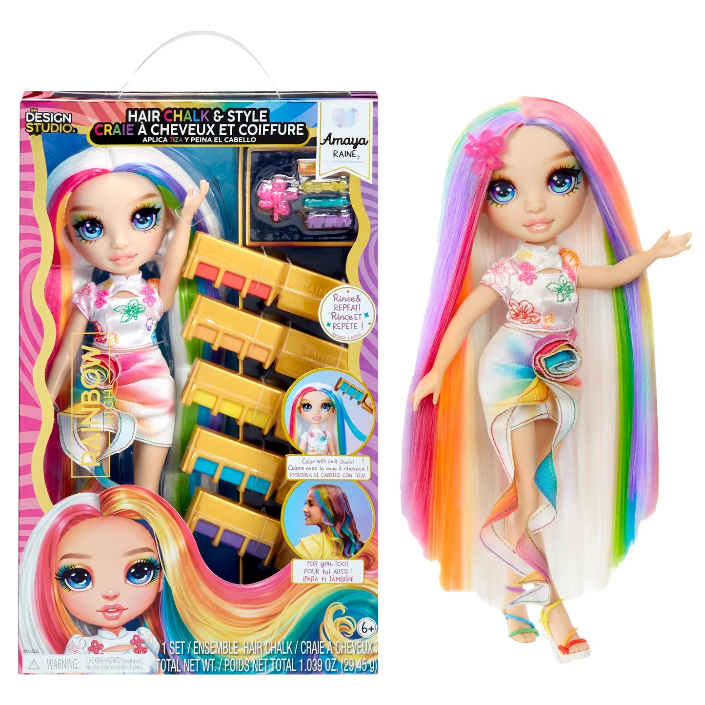 Rainbow High Hair Chalk & Style Amaya - Rainbow 11” Doll, Washable Rainbow Hair Chalk