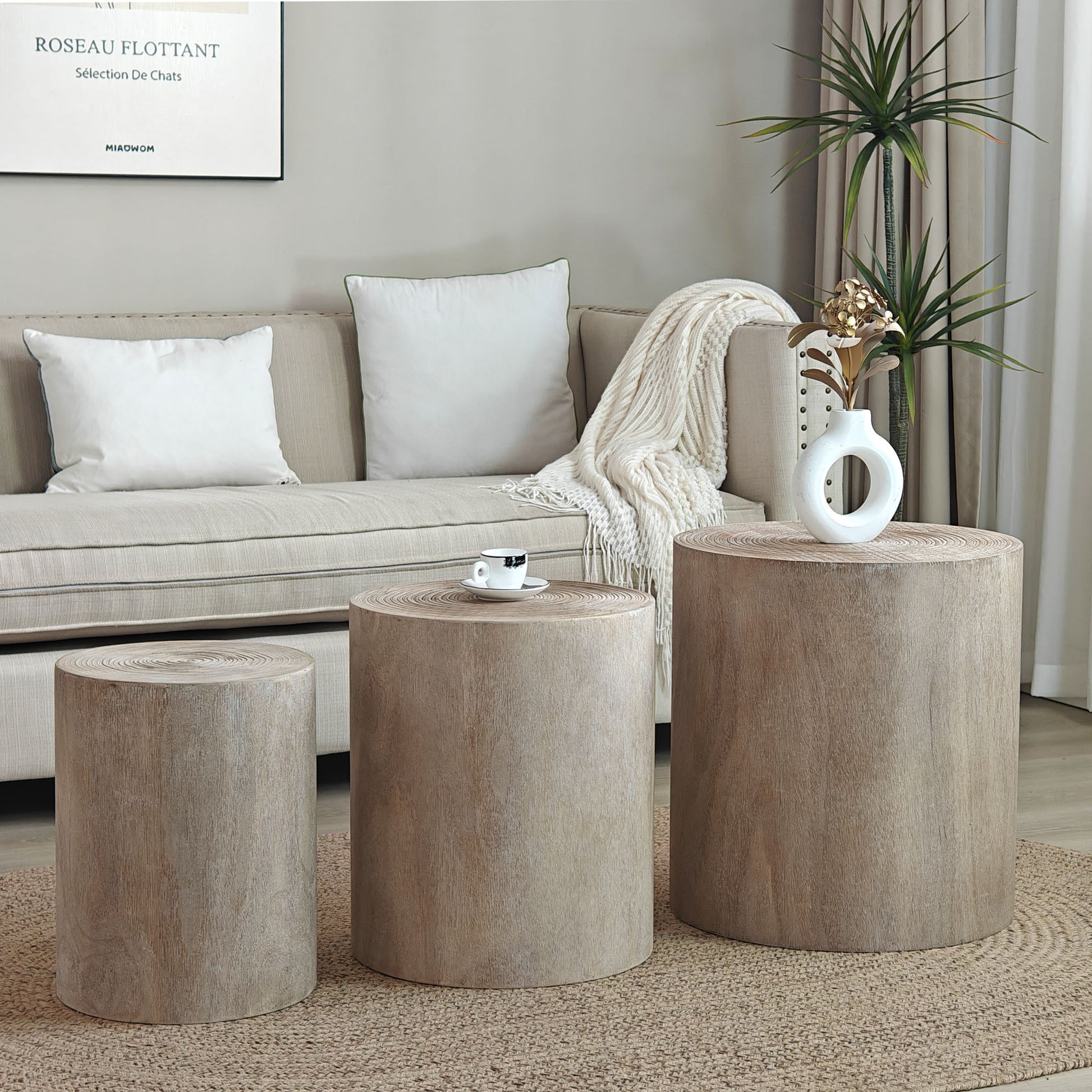 Set of 3, Rounded Wood Coffee Tables, End Tables, Plant Stands,Decorative Accent Pieces - Rustic Wood Finish - Fashions for Home