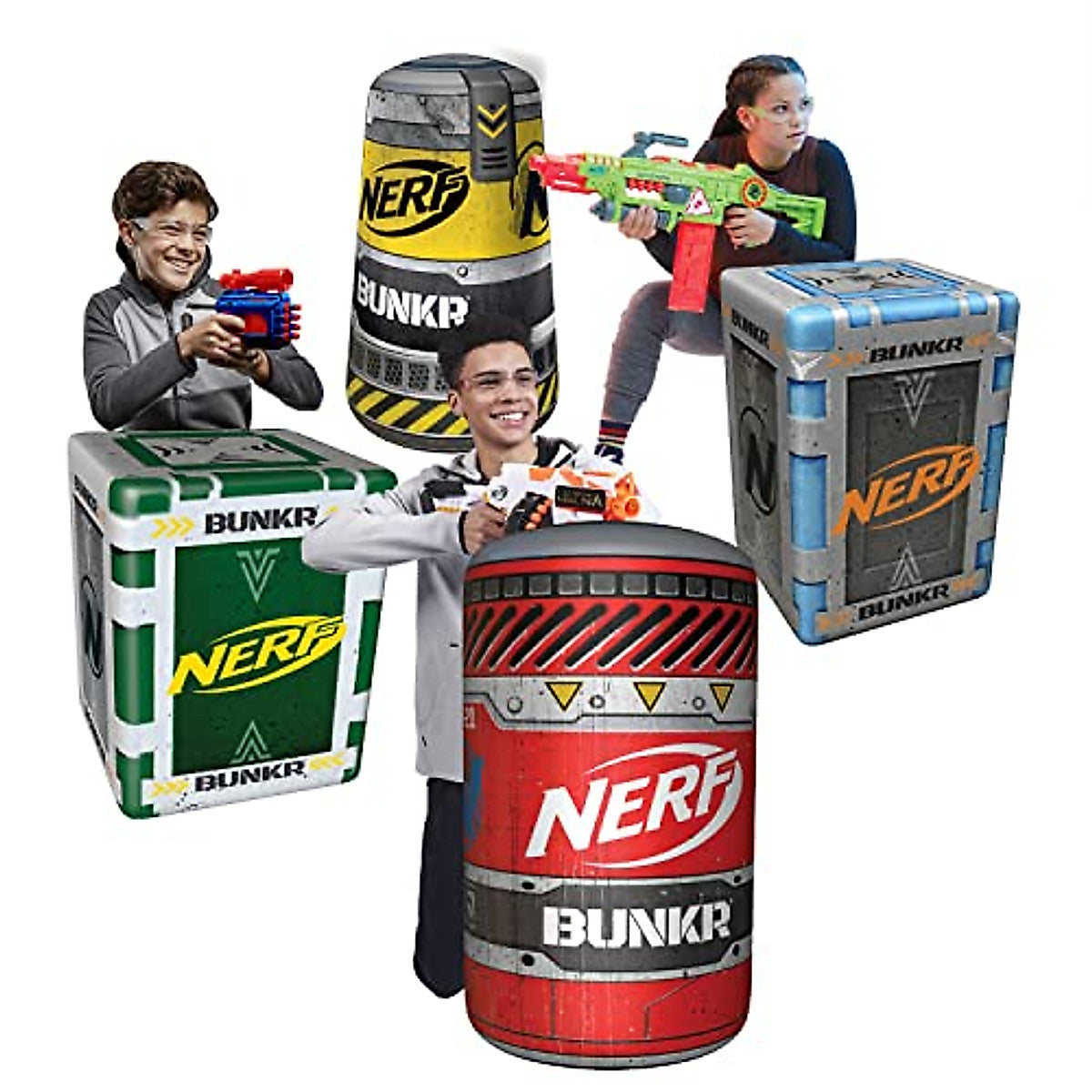NERF Bunkr BattleZone Competition Pack of 4 Inflatable Crate and Barrel Shields - Barricades for Nerf Party and Nerf War