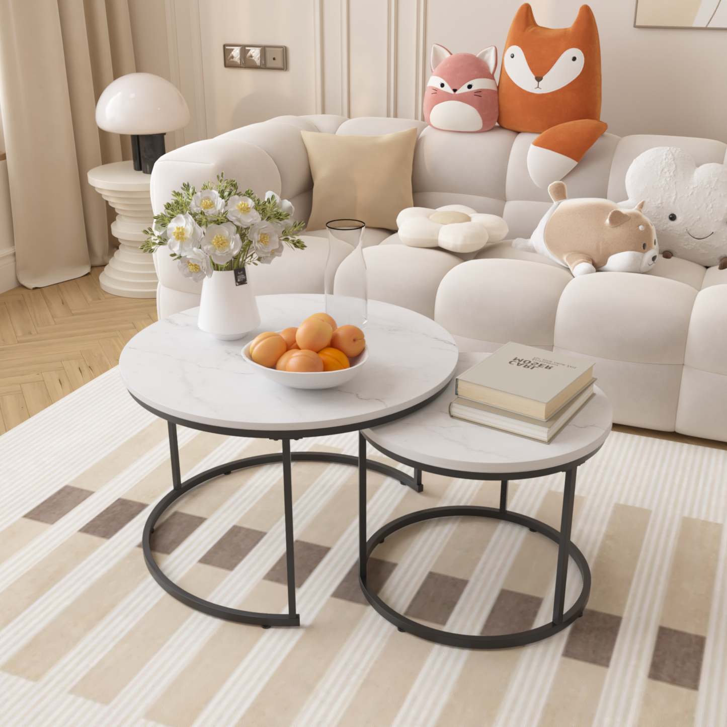 Nesting Coffee Table Set of 2, 27.6inch Round Coffee Table Wood Marble Pattern Top with Sturdy Metal Frame, End Table Side Tables for Living Room Bedroom Balcony Yard (White) - Fashions for Home