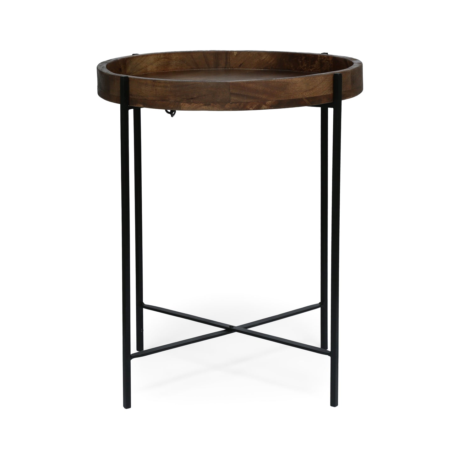 Modern Industrial Round End Table with Tray Top and Foldable Iron Legs in Natural Mango Wood