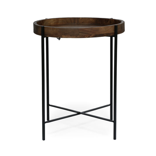 Modern Industrial Round End Table with Tray Top and Foldable Iron Legs in Natural Mango Wood