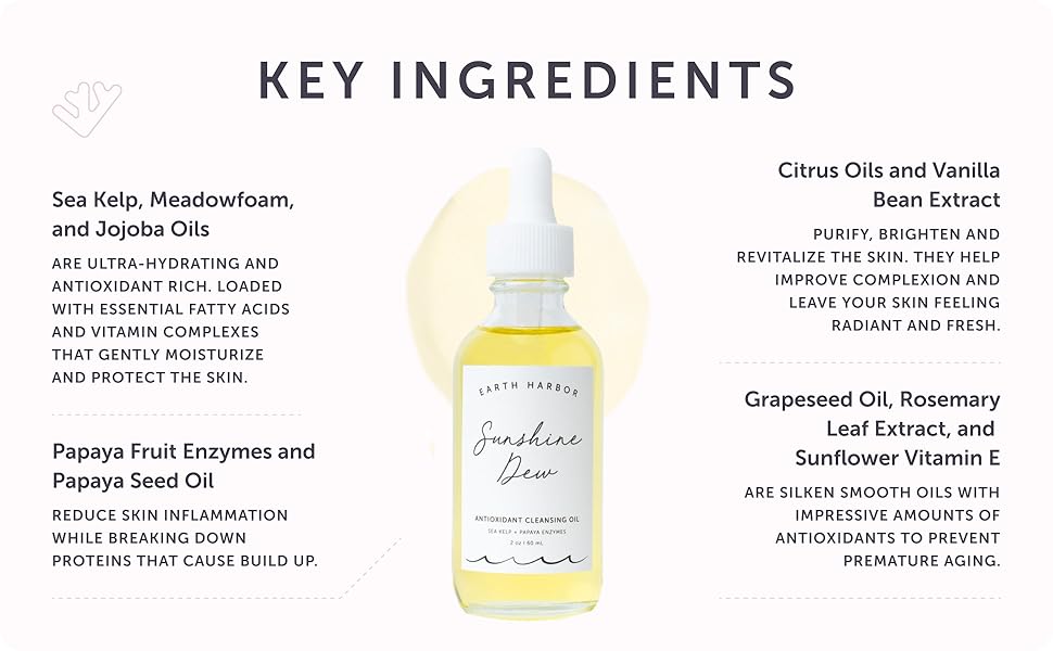 Earth Harbor | SUNSHINE DEW Cleansing Oil - Deep Cleanse & Makeup Remover | Papaya Enzymes + Sea Kelp | 2 fl oz