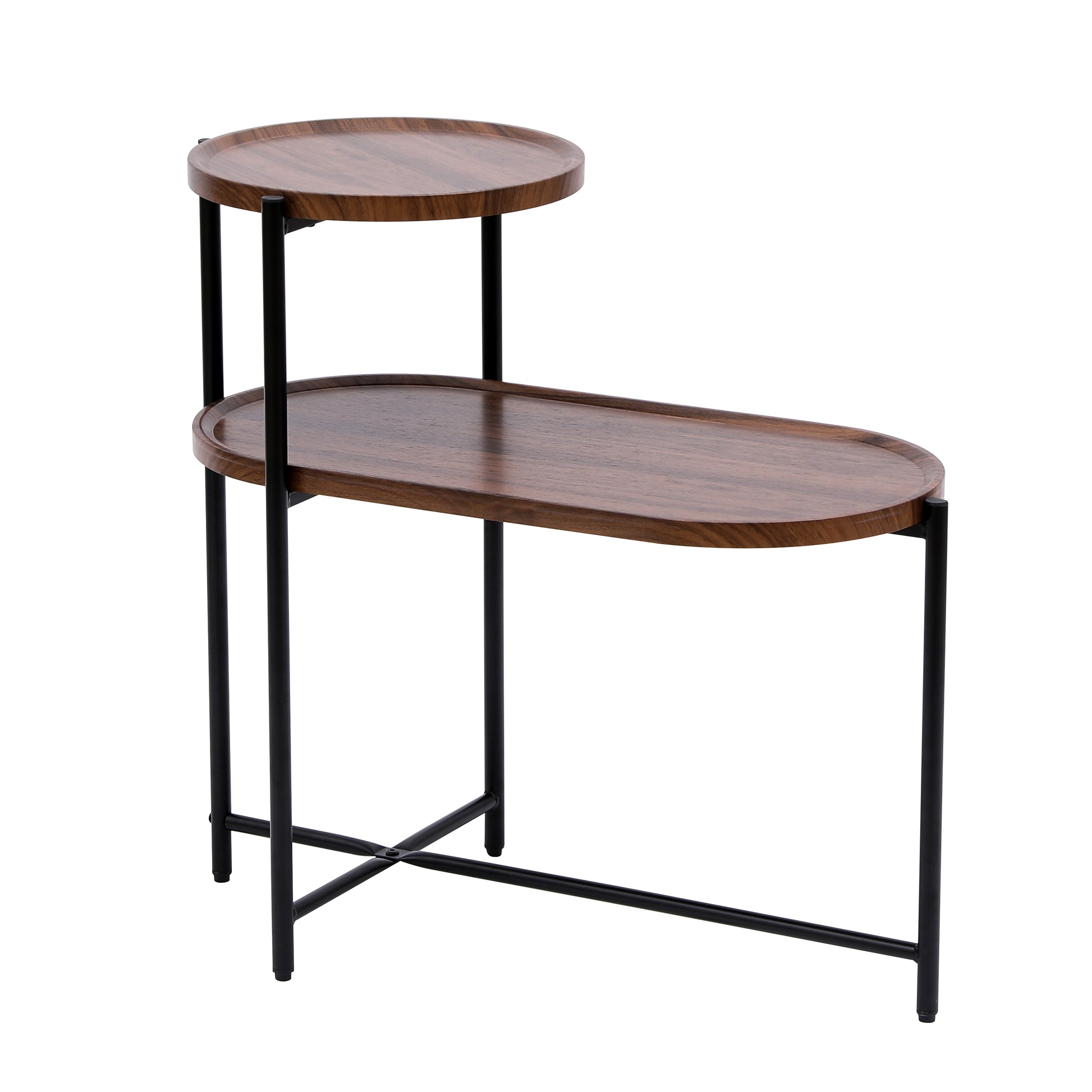 Modern 2-Tier Walnut Brown Coffee Table with Wood Storage Shelf and Metal Frame for Living Room - Fashions for Home