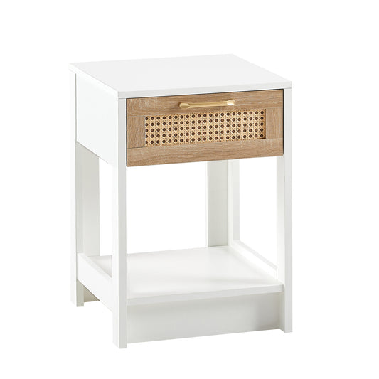 Modern Rattan End Table with Drawer, White MDF and Rattan, 15.75' Square
