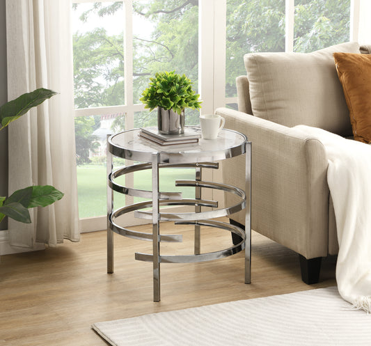 Modern Round End Table with Sintered Stone Top, Chrome/ Silver End Table for Living Room 20.67''W x 20.67''D x 21.65''H