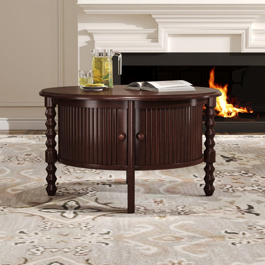 Vintage Round Coffee Table with Storage in 30.3' for Living Room, Mid Century Modern Cocktail Table with Sliding Door, Slatted Design Accent Table for Small Space, Walnut