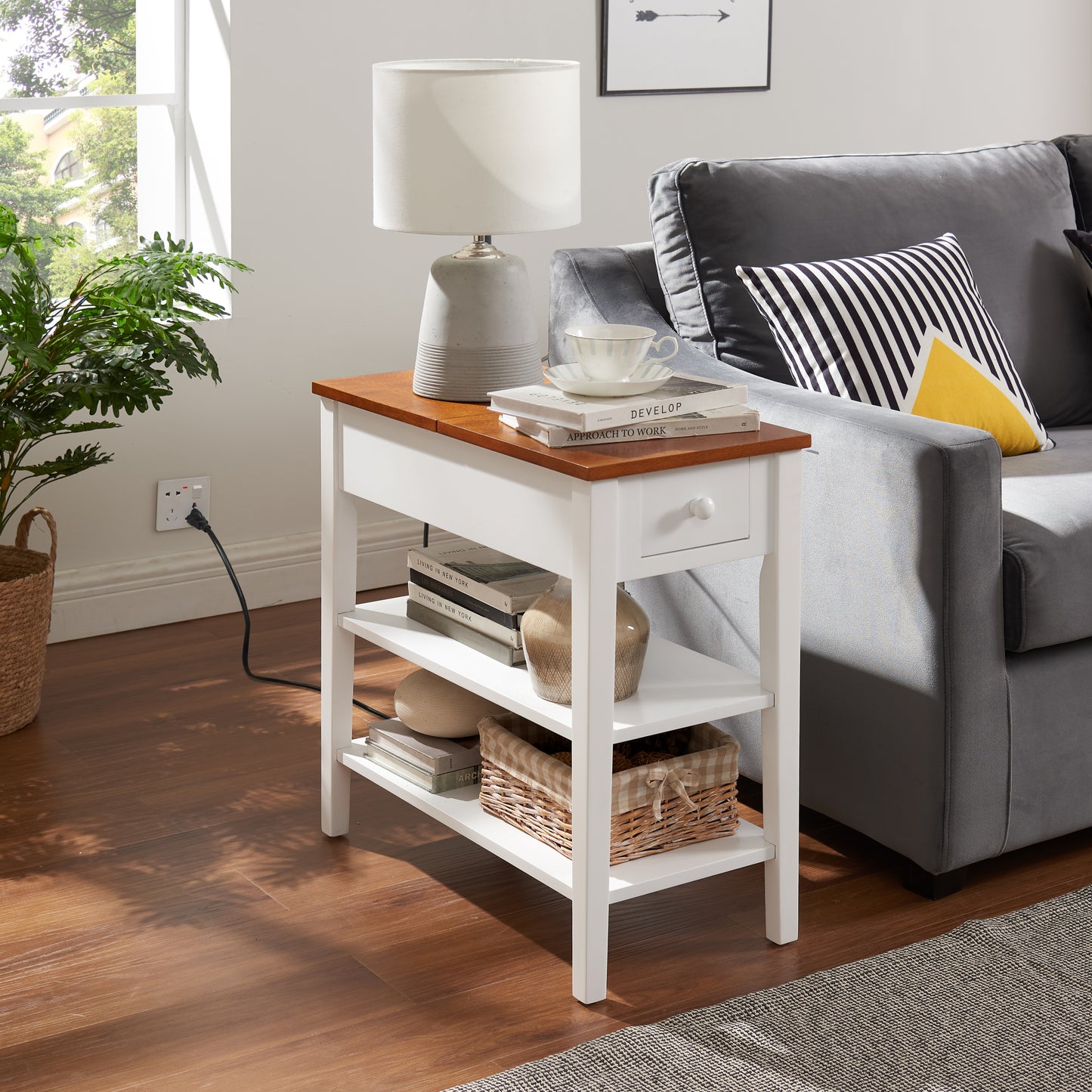 Narrow 2-tone End Table with USB Charging Ports for Small Space, SOLID WOOD Table Legs, White and Walnut, 11.8'W*24'D*24.2'H