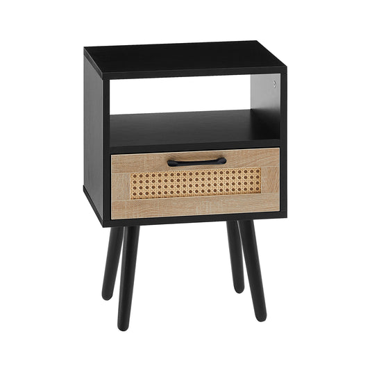 Modern Rattan End Table with Drawer, Solid Wood Legs, Black MDF, 15.75'