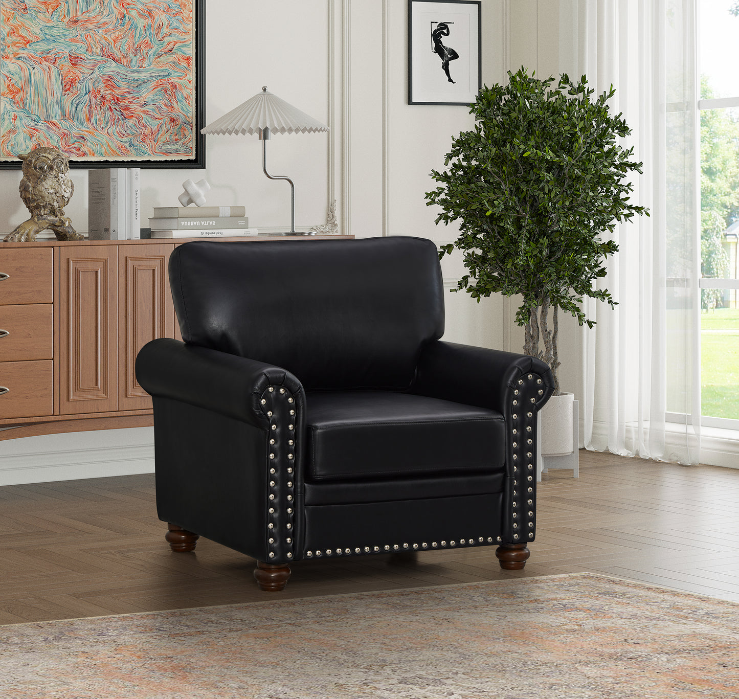Living Room Sofa Single Seat Chair with Wood Leg Black Faux Leather - Fashions for Home