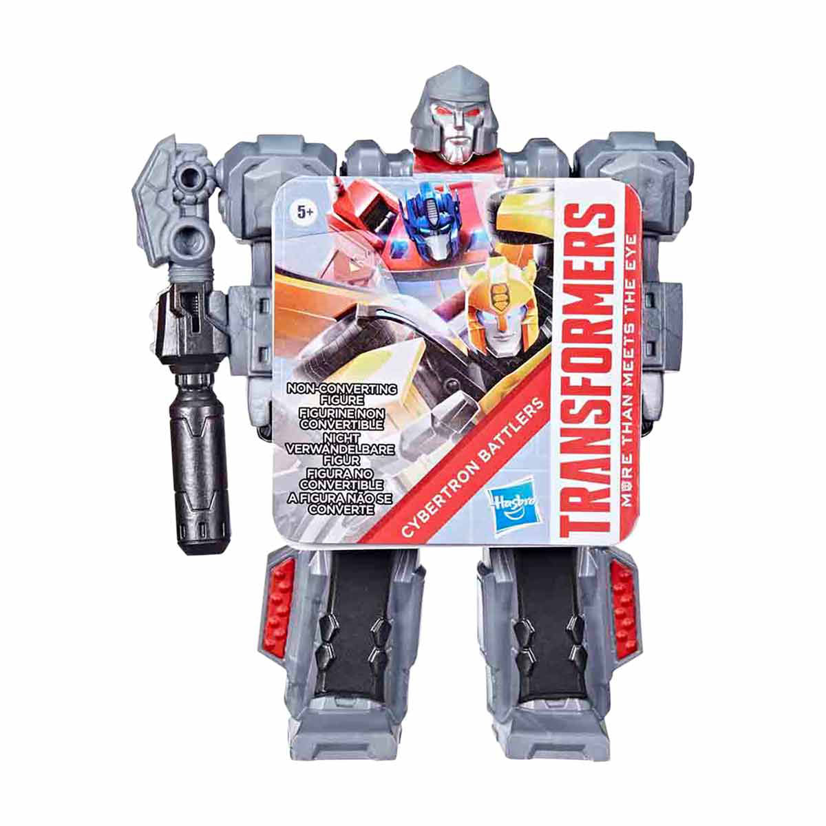 Transformers Cybertron Battlers toy robot figure in gray with black and red accents, shown standing in front of its retail packaging on a white background.