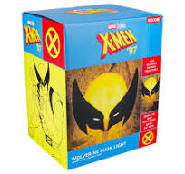 Wolverine mask packaging with X-Men logo on a blue and yellow box