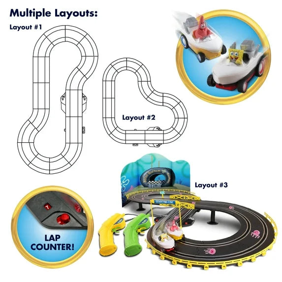 NKOK: Super Slot Car Race Set - SpongeBob Squarepants - Hot Rod Boat Vehicles, 8' Adjustable Track Layout, 2 Player Controllers, Lap Counter, Kids 6+ Fashions for Home