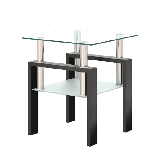 Modern Tempered Glass Tea Table Coffee Table End Table, Transparent/Black, Metal Leg, 17.72 x 17.72 x 20.5 inches