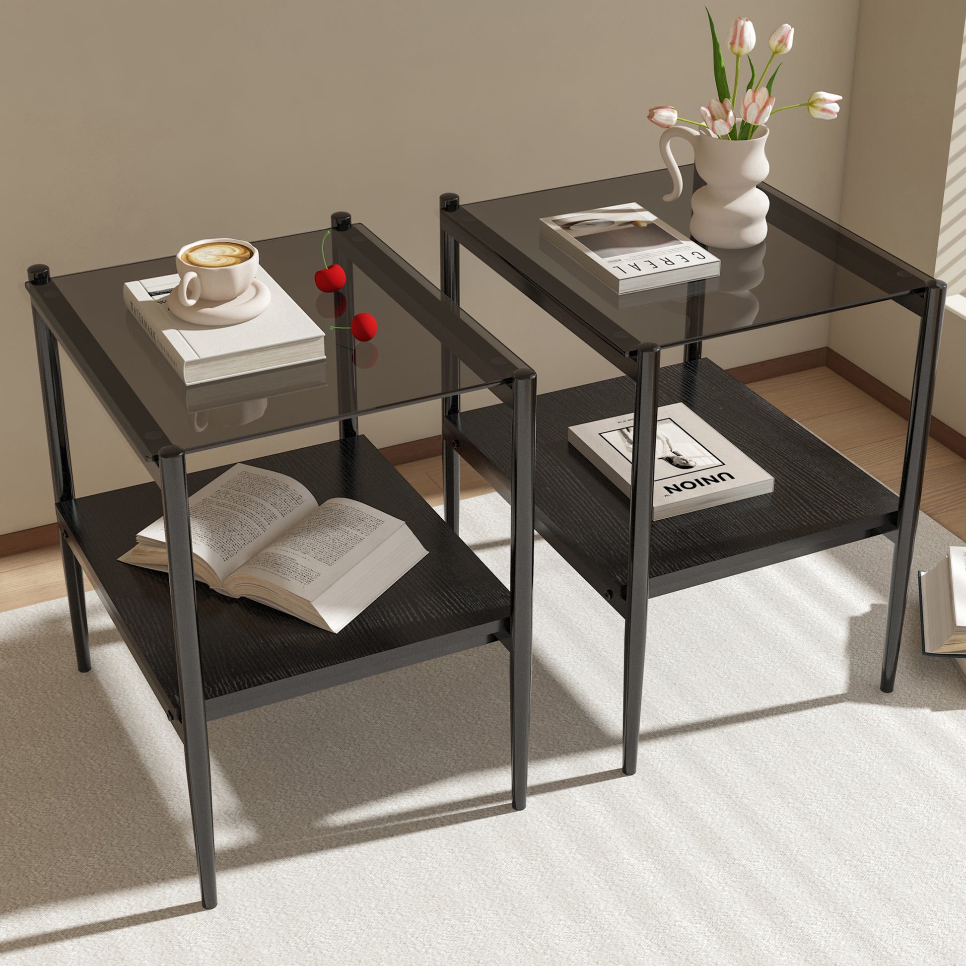 Set of 2 Rectangle End Table, Tempered Glass Tabletop with MDF layer, Modern Table for Living Room , Gray Glass - Fashions for Home