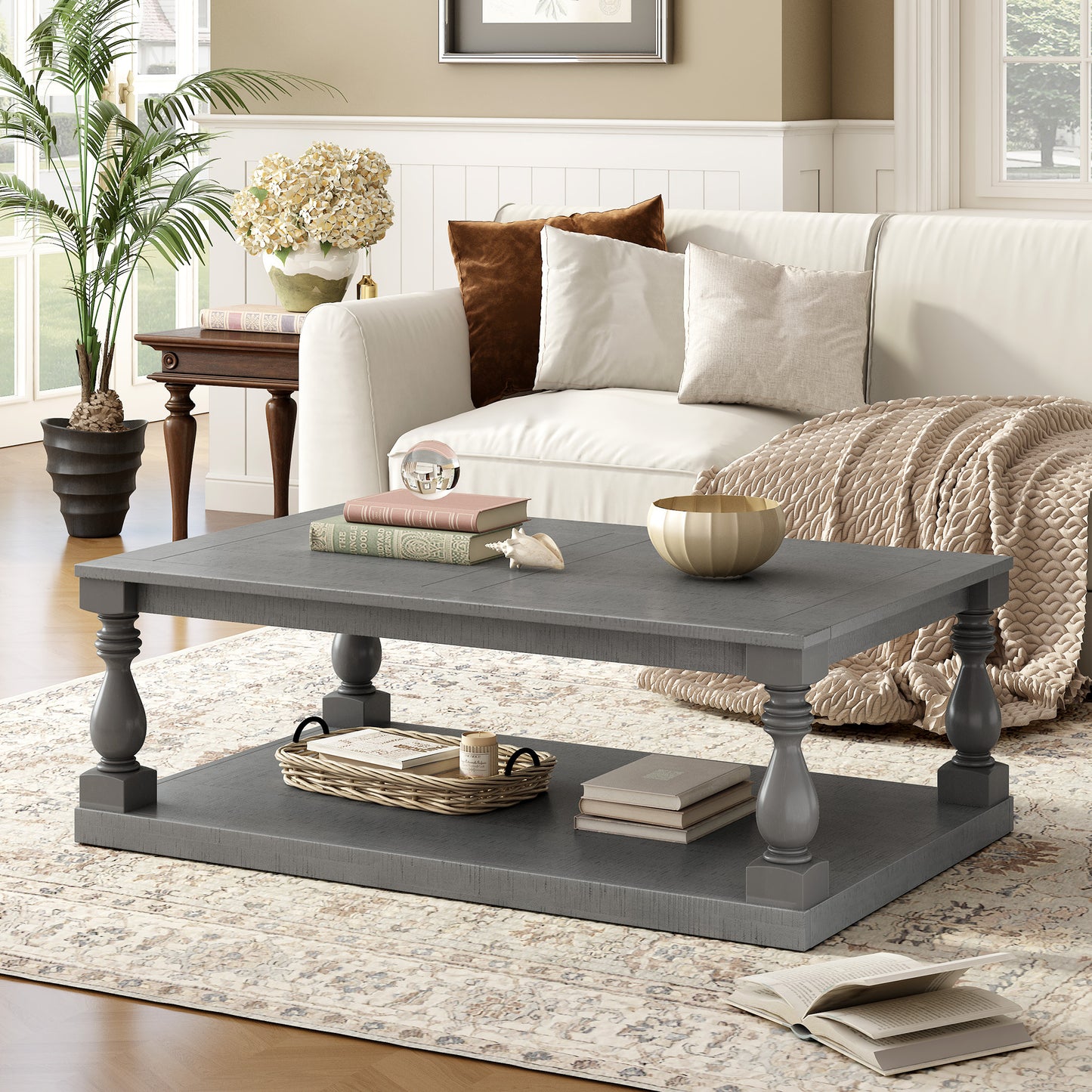 U_STYLE Vintage Coffee Table Featuring Artistic Vase Column Legs and Luxurious Pine Veneer for Timeless Charm,Suitable for living room, study room - Fashions for Home