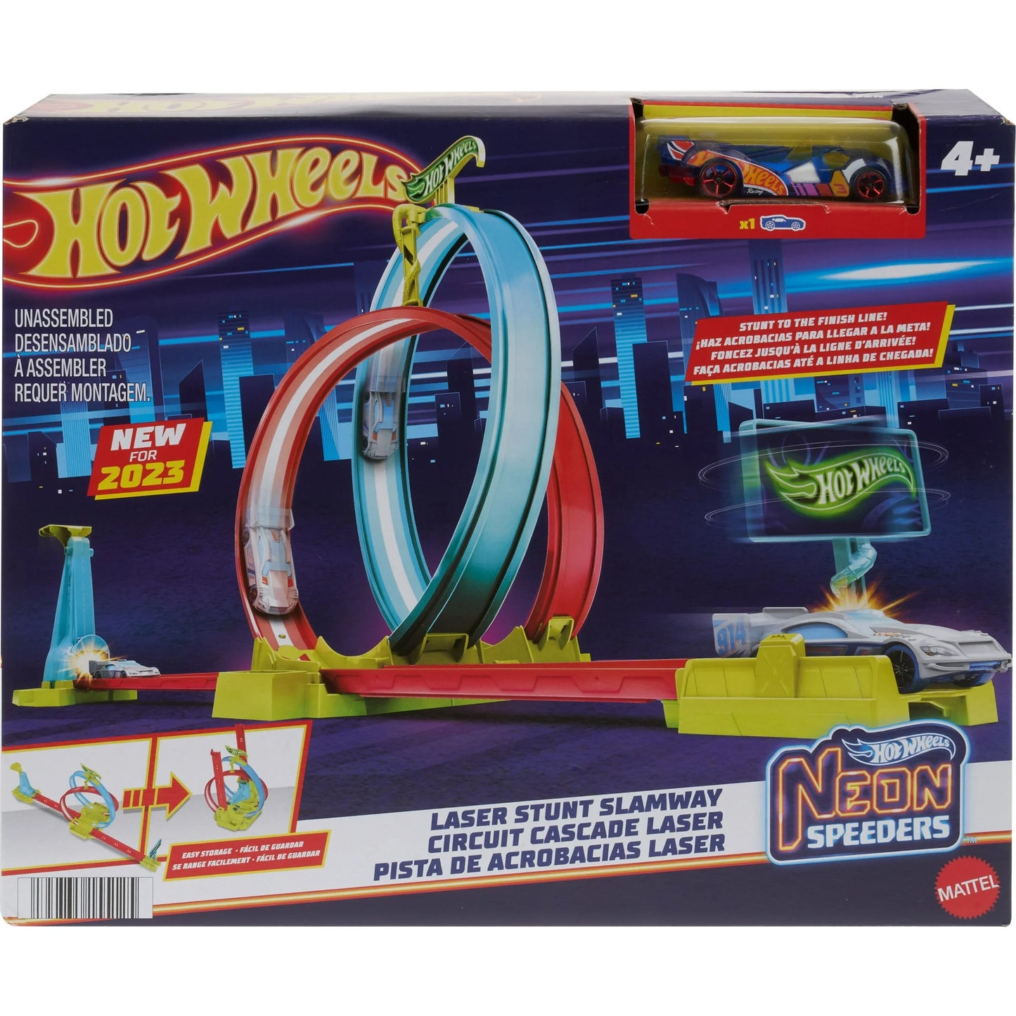 Hot Wheels Neon Speeders Track Set, Laser Stunt Slamway with 1 Hot Wheels Car, Easy Storage