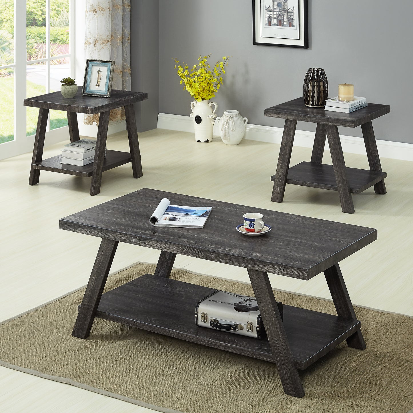 Athens Contemporary Replicated Wood Shelf Coffee Set Table in Charcoal Finish - Fashions for Home