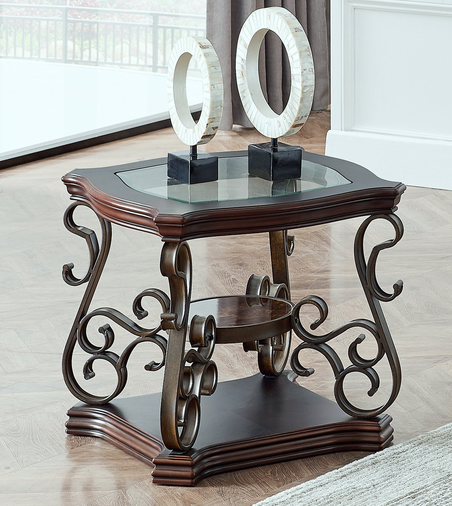 End table,  Glass table top, MDF W/marble paper middle shelf, powder coat finish metal legs. (26.3'Lx26.3'Wx24'H) - Fashions for Home