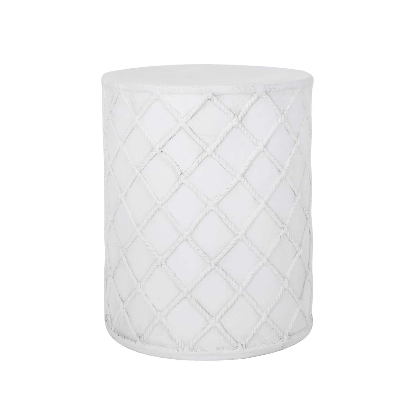 Modern End Table with Nautical Diamond Rope Pattern in Antique White Magnesium Oxide, 15.25' x 18.25'