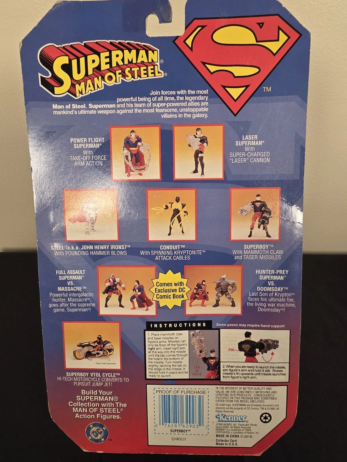 1995 Kenner Superman Man of Steel Superboy Mammoth Claw MOC DC Fashions for Home