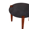 24 Inch Artisanal Round End Side Table, Aluminum Top, Tapered Acacia Wood Legs, Black, Warm Brown