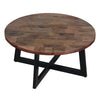 31 Inch Round Mango Wood Farmhouse Coffee Table, X Shape Iron Frame, Brown, Black