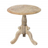 Intricately Carved Round Top Mango Wood Side End Table with Pedestal Base, Brown and White